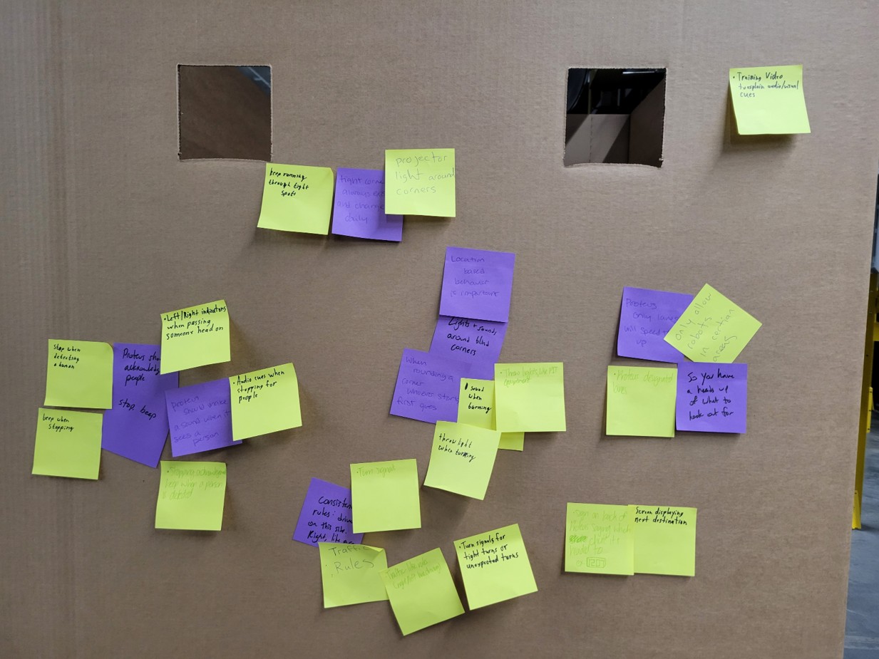 Many colored sticky notes are scattered about on a brown cardboard surface.