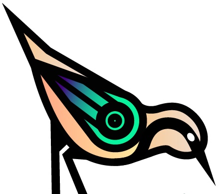 A small plover bird with a multicolored robotic wing symbiotically pecks at the 'teeth' of green text that says Plover and represents a crocodile's moth